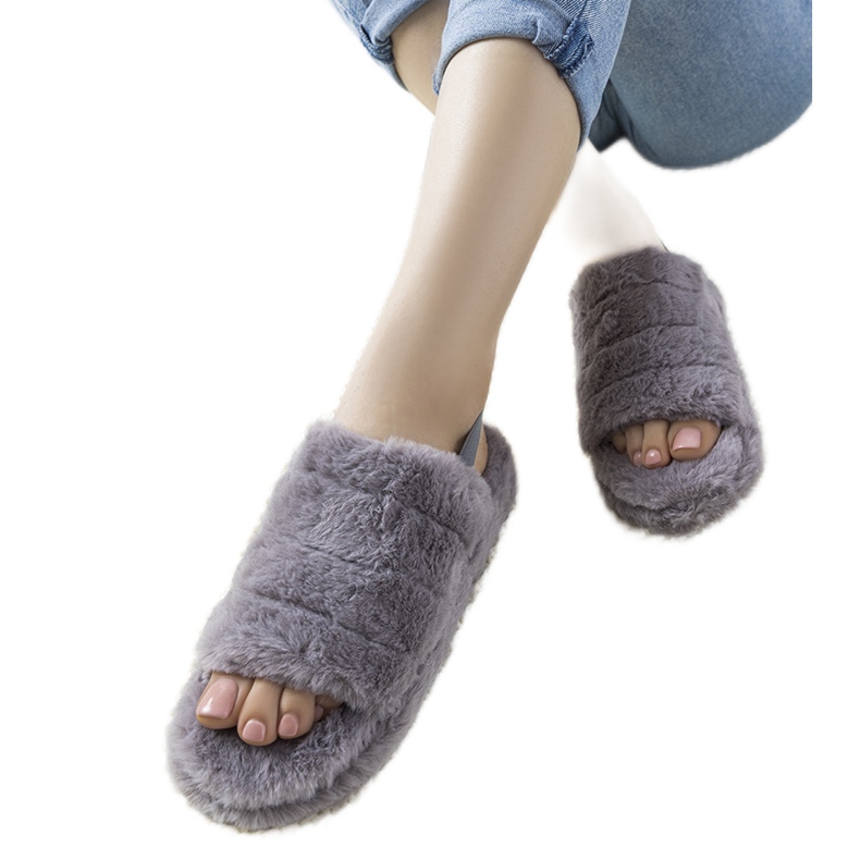 Papuci de damă gri, cu bandă elastică și blană Fierro Papuci de damă gri, cu bandă elastică și blană Fierro