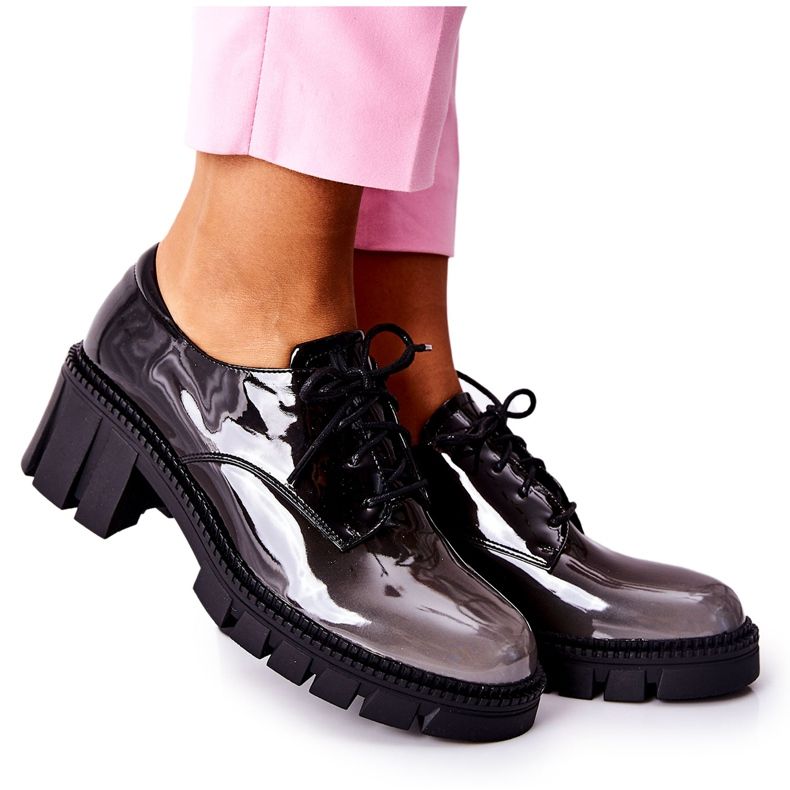 S.Barski Încălțăminte lacate, legate, negre și gri, Mosa negru