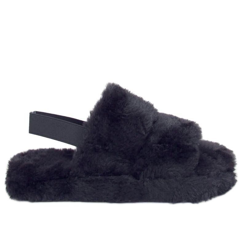 Papuci de blană pentru femei negri N-92 Negru