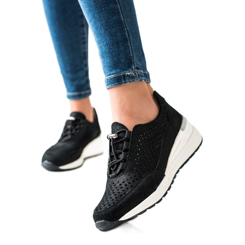 Adidași din piele cu sclipici VINCEZA negru