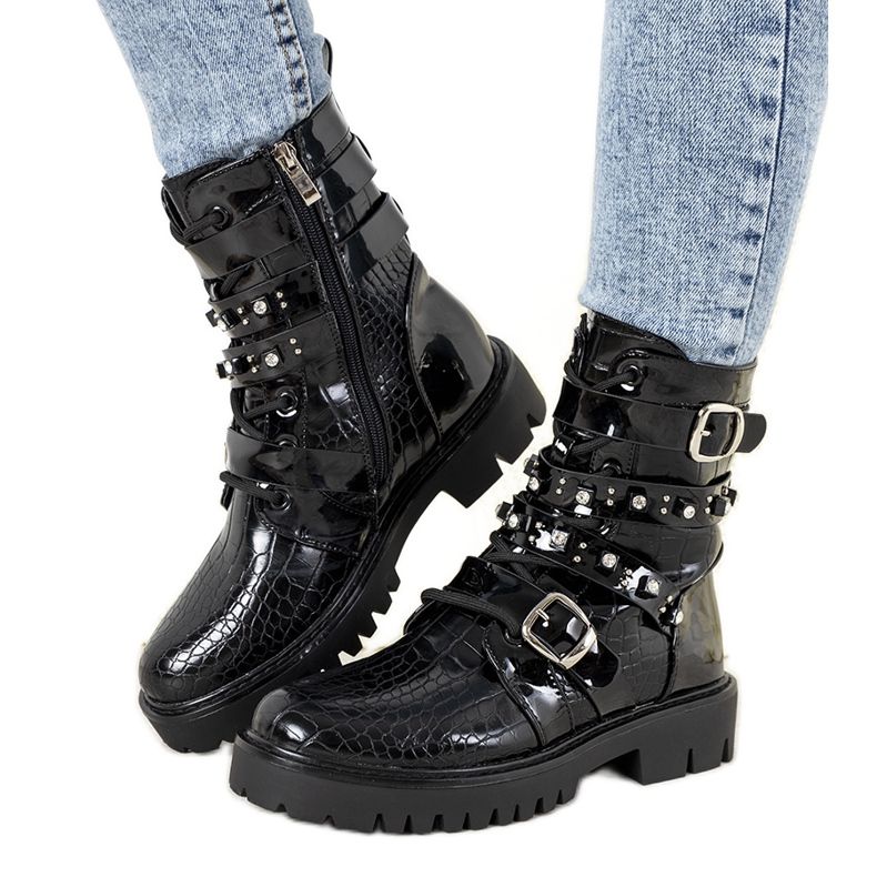 Cizme plate Albertine negre brevetate negru