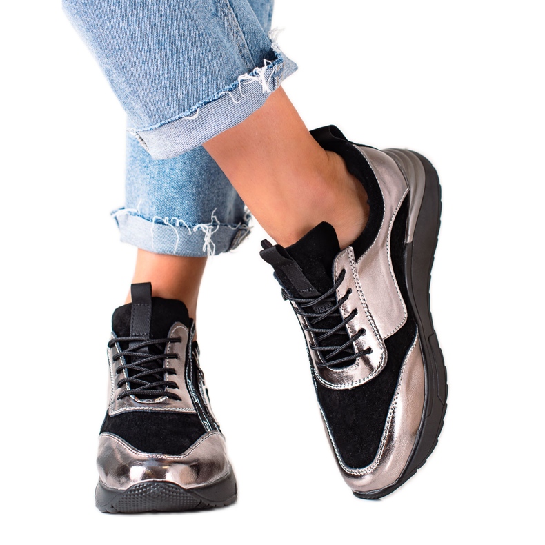 W. Potocki Adidași negri și argintii din piele Potocki negru de aur