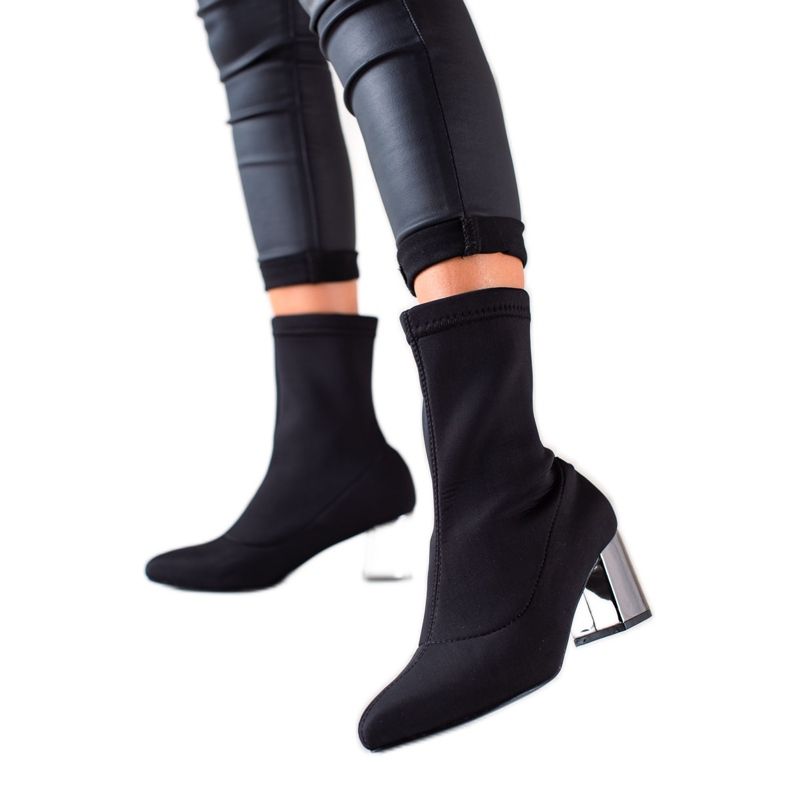 TRENDI Cizme Slip-on cu toc argintiu negru