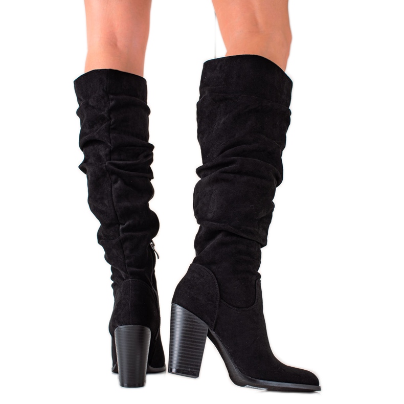 TRENDI Cizme cu toc înalt cu partea superioară cu volane negru