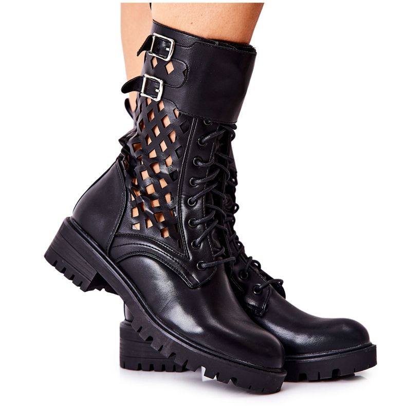 Menie Cizme negre din piele ajurată negru