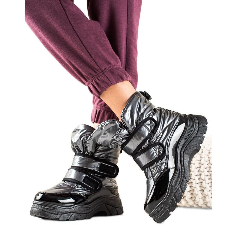 TRENDI Cizme de zăpadă strălucitoare cu velcro negru argint
