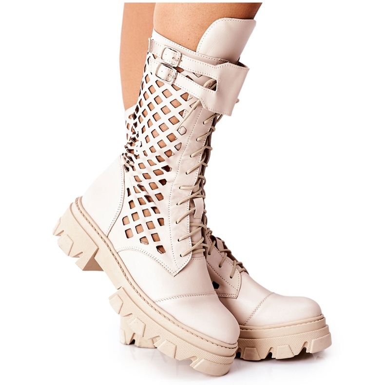 PA2 Cizme de piele ajurată pentru femei Trappers Beige Hootie bej