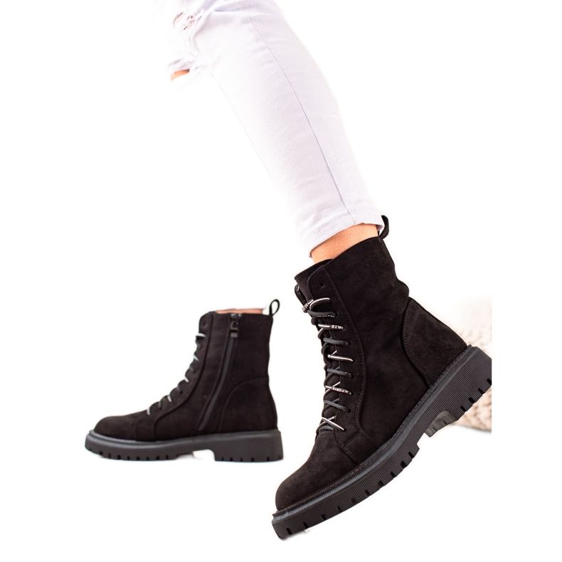 TRENDI Cizme negre cu dantelă negru TRENDI Cizme negre cu dantelă negru