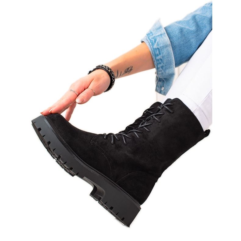 Bona Cizme Trapper din piele intoarsa neagra negru