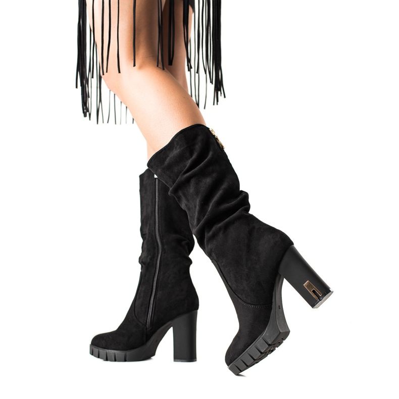 TRENDI Cizme din piele intoarsa cu toc mat negru TRENDI Cizme din piele intoarsa cu toc mat negru