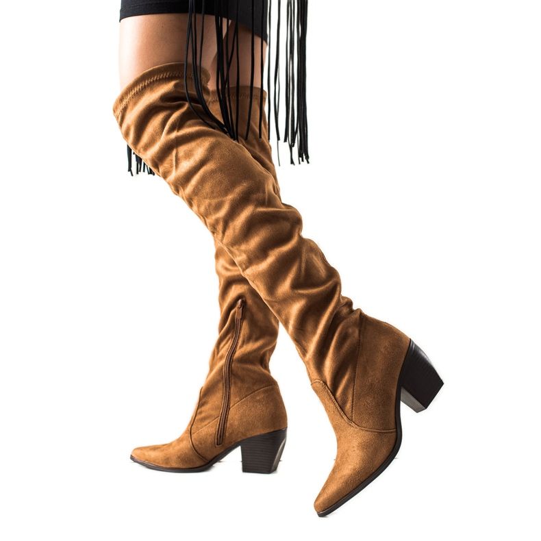 Laura Mode Cizme cu toc jos până la coapsă maro Laura Mode Cizme cu toc jos până la coapsă maro