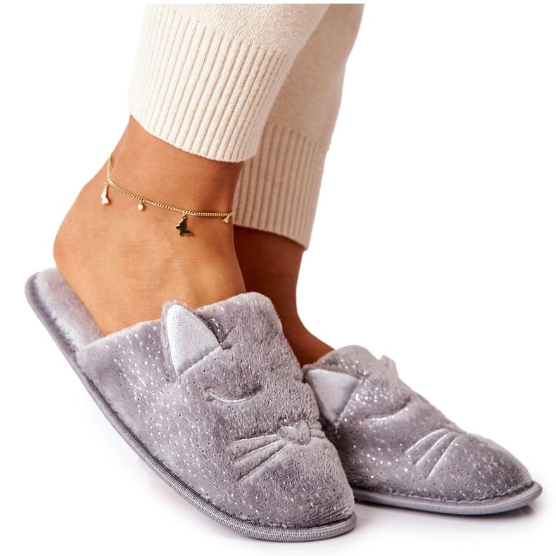 PE1 Papuci de pisoi stralucitori cu urechi gri Kaisy argint