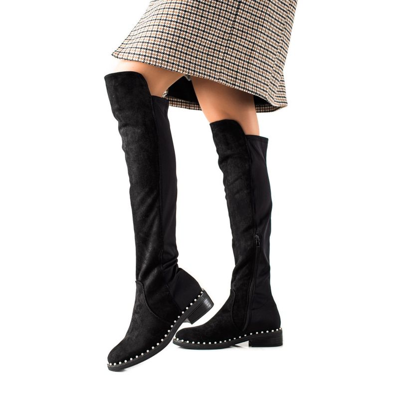 Marquiz Cizme peste genunchi cu perle negru