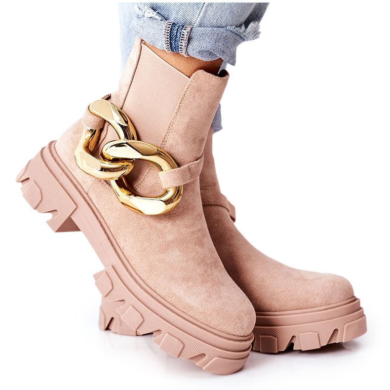 S.Barski Cizme Beige Chelsea izolate pentru femei cu un ornament bej