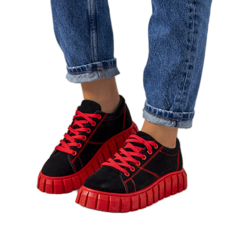 Tenisi negri cu talpă groasă Liane negru roșu