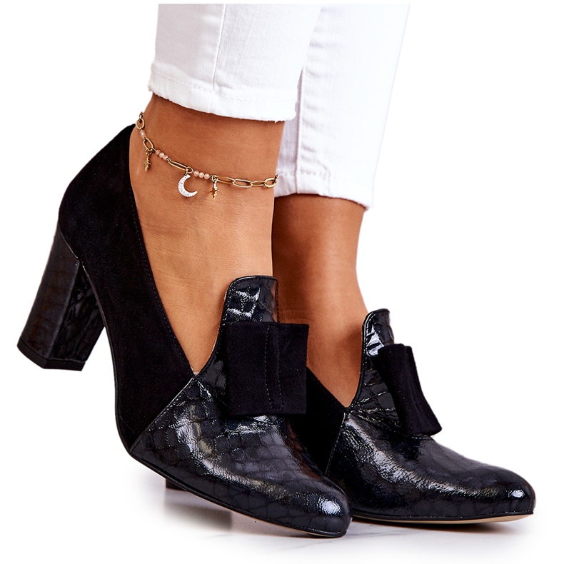 PA2 Pompi negri Kathleen din piele de șarpe din piele de căprioară negru