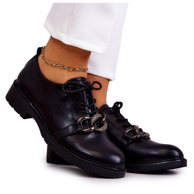 S.Barski Pantofi de piele legati cu ornament larosa neagra negru