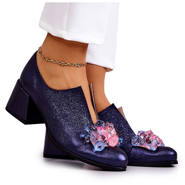 PA2 Pantofi din piele metalica cu ornament bleumarin Delaver albastru marin