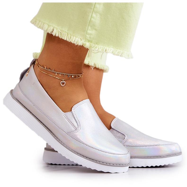 Pantofi de damă din piele Slip-On S.Barski Holographic Silver argint