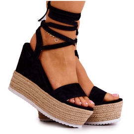 FW1 Sandale negre ușoare, legate pe un toc cu pană Marriett negru FW1 Sandale negre ușoare, legate pe un toc cu pană Marriett negru