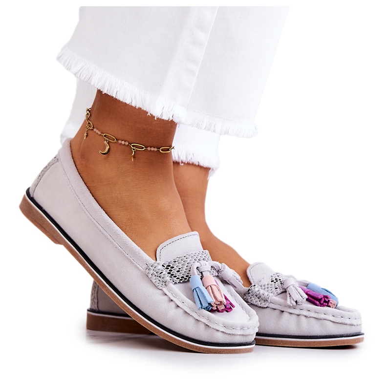 Mocasini de dama din piele intoarsa cu franjuri Gri Laressa Mocasini de dama din piele intoarsa cu franjuri Gri Laressa