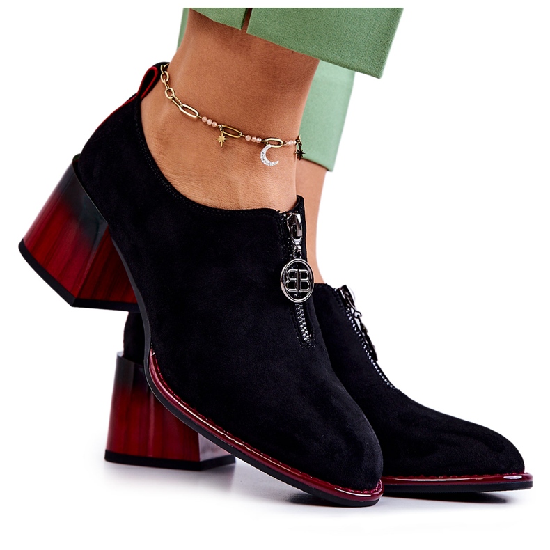 S.Barski Pantofi de piele intoarsa la moda pe un post Lorena negru si rosu roșu S.Barski Pantofi de piele intoarsa la moda pe un post Lorena negru si rosu roșu