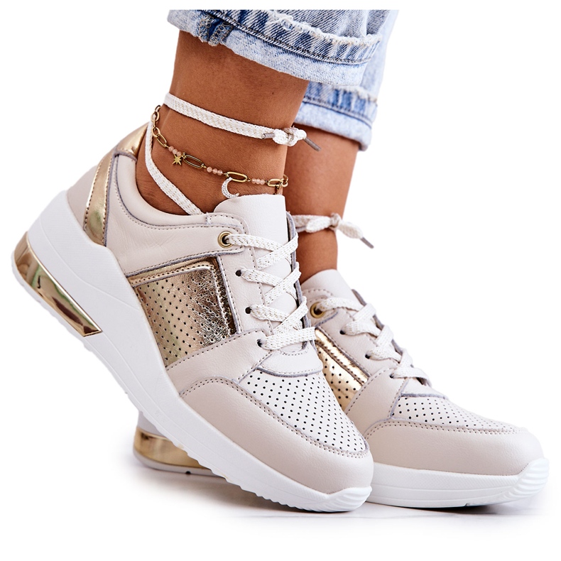 S.Barski Pantofi sport din piele pentru damă, pe pană, bej și alb Larson de aur