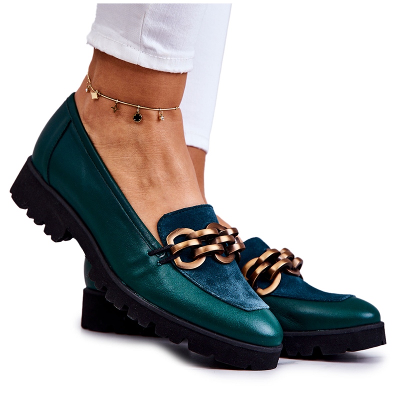 PA2 Mocasini Eleganti De Piele Cu Lant Geneva Verde