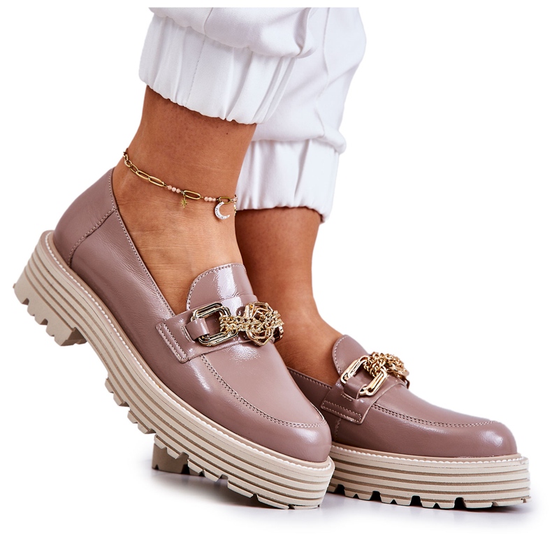 Pantofi Brogues Dama Decorat Piele Aurie Laura Messi 2383 Bej Inchis