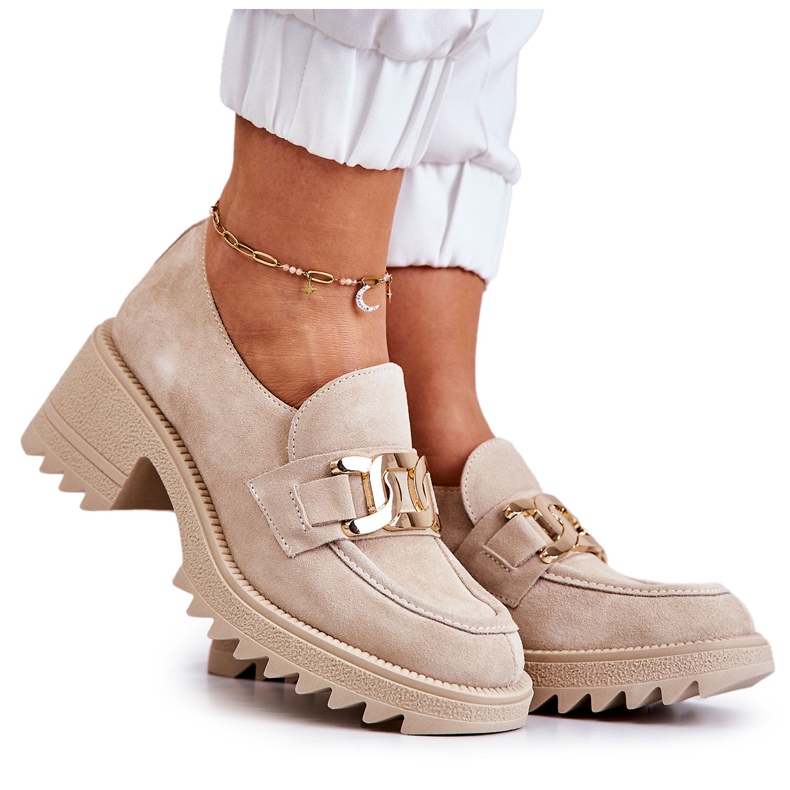 PL5 Pantofi din piele intoarsa Cu Decoratie Aurie Bej Deschis Idealiza