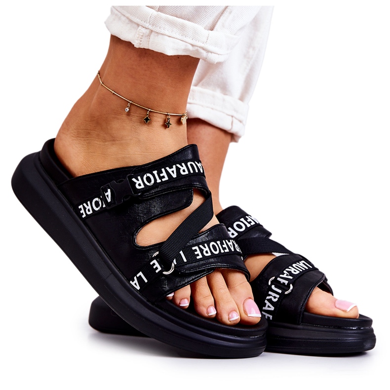 Papuci de damă din piele la modă La.Fi Black Menifis alb negru