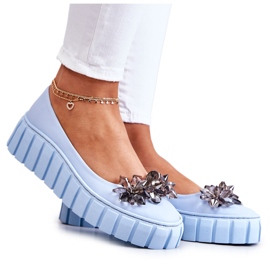 PA2 Balerini din piele pe o platformă cu un ornament Ladette albastru deschis