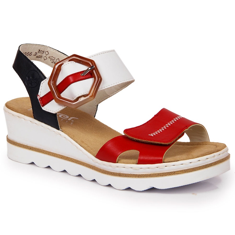 Sandale cu pană damă Rieker 67476-33 alb negru roșu multicolor