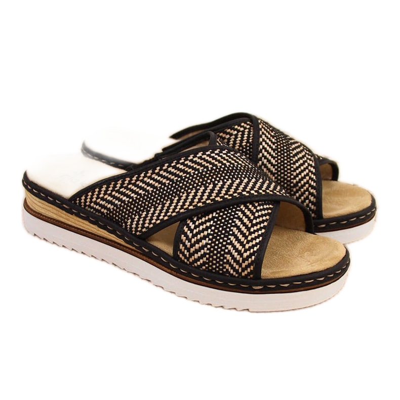 Papuci de damă negri pe toc pană Rieker 679A5 bej maro Papuci de damă negri pe toc pană Rieker 679A5 bej maro