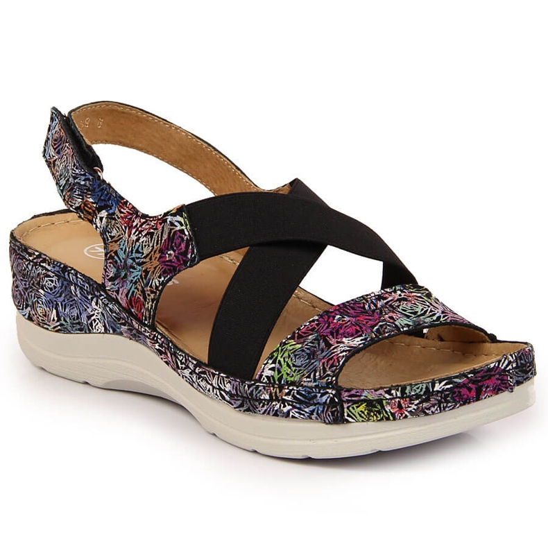 Sandale de damă din piele pe cauciuc confortabil Helios 100 negru multicolor