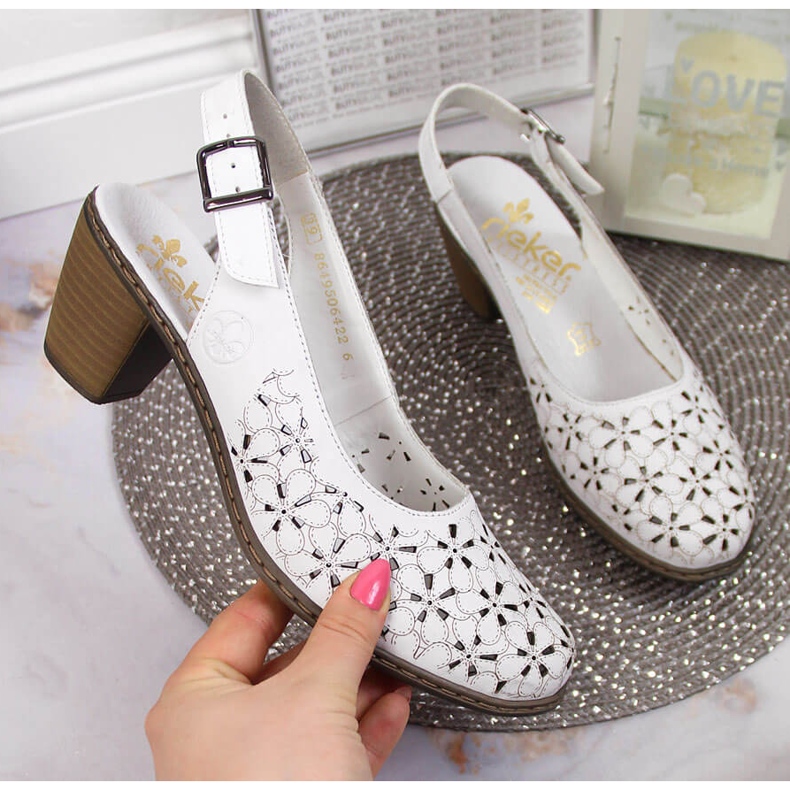 Openwork Sandals piele pentru femei White Full White Rieker 40981-80 Alb