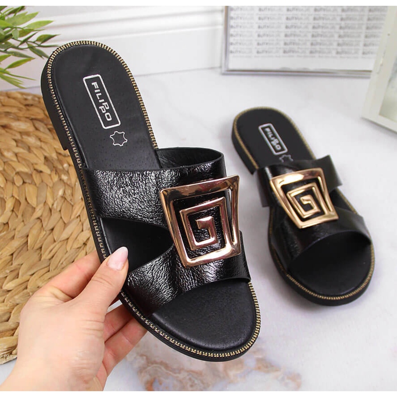 Papuci de dama negri cu ornament negru Filippo