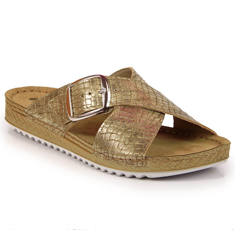 Papuci de damă Inblu aurii cu cataramă de aur