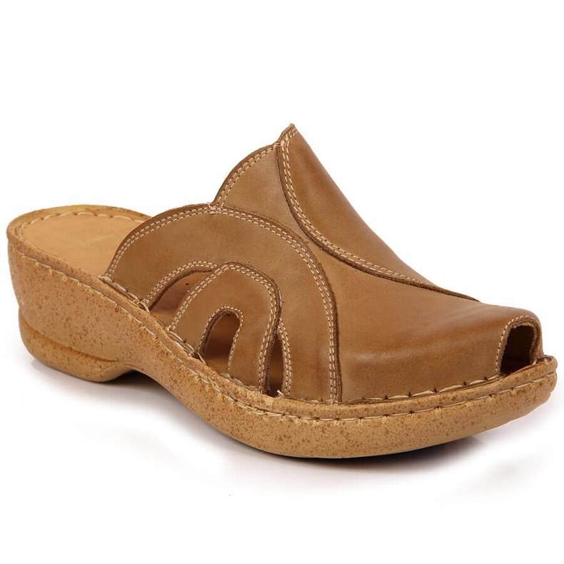 Papuci din piele bej cu pană Łukbut 650 Papuci din piele bej cu pană Łukbut 650