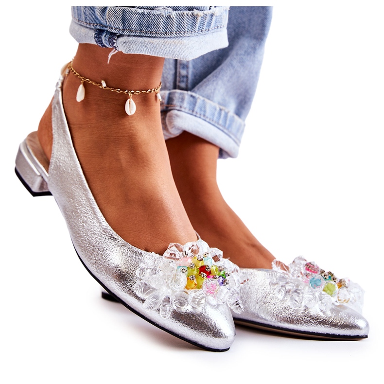 PA2 Balerini De Piele Pe Tocuri Inalte Cu Ornament Argintiu Elena