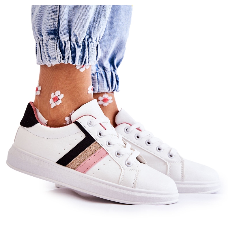 FK2 Pantofi sport dama legati in Renesme alb negru roz de aur