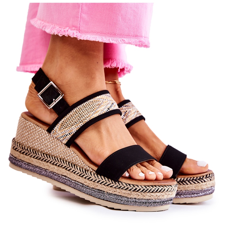 FE1 Sandale cu pană din piele intoarsa neagra Annabel bej negru