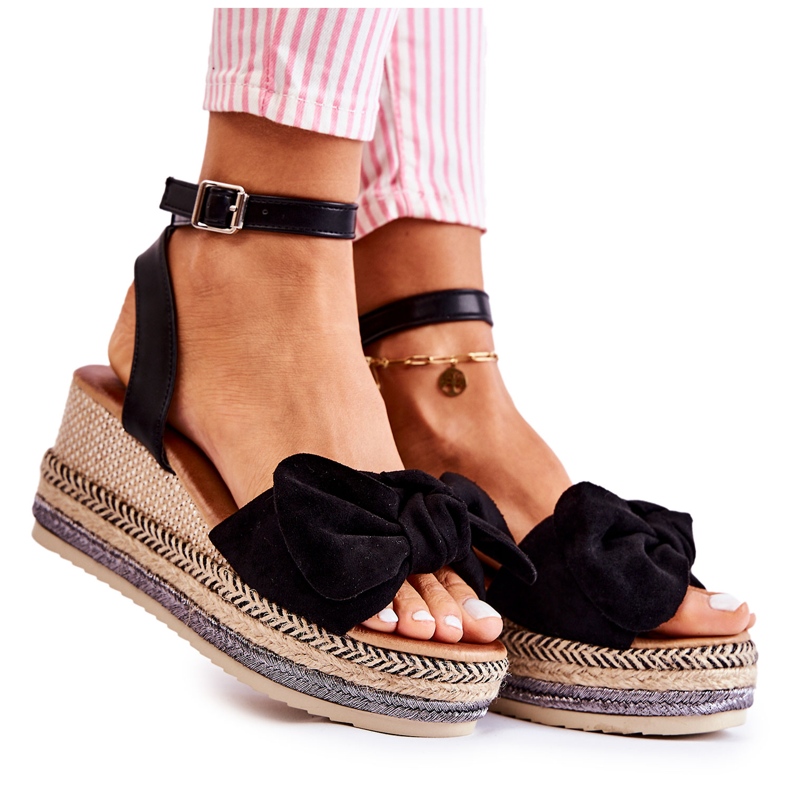 FE1 Sandale cu pană din piele intoarsa neagra Natina negru