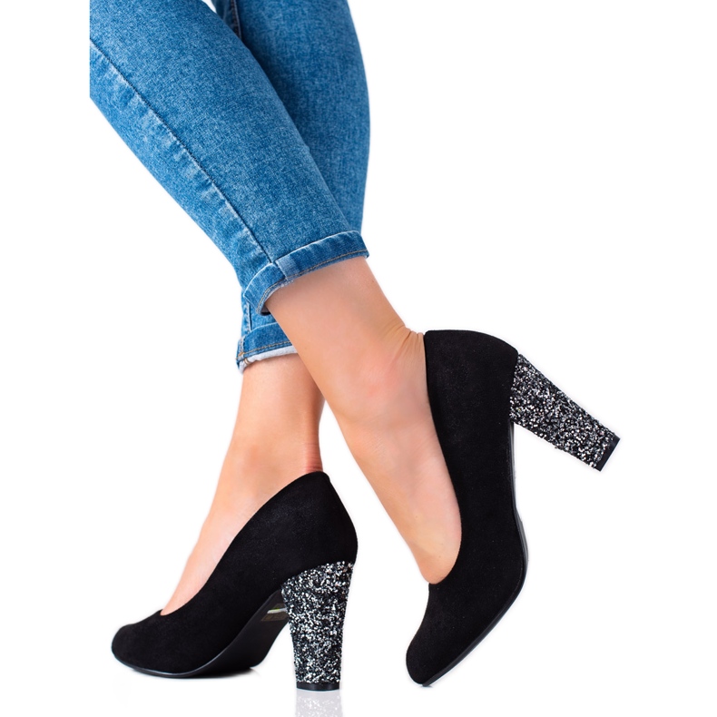 Weide Pompe din piele intoarsa cu sclipici negru