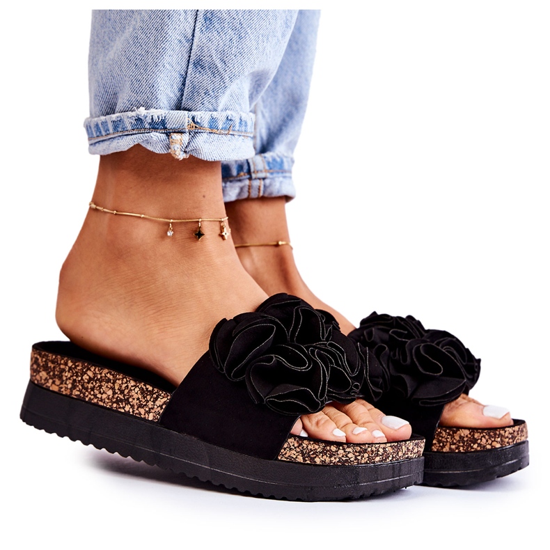 PS1 Papuci De Damă De Căprioară Cu Ornament Nemis Negru