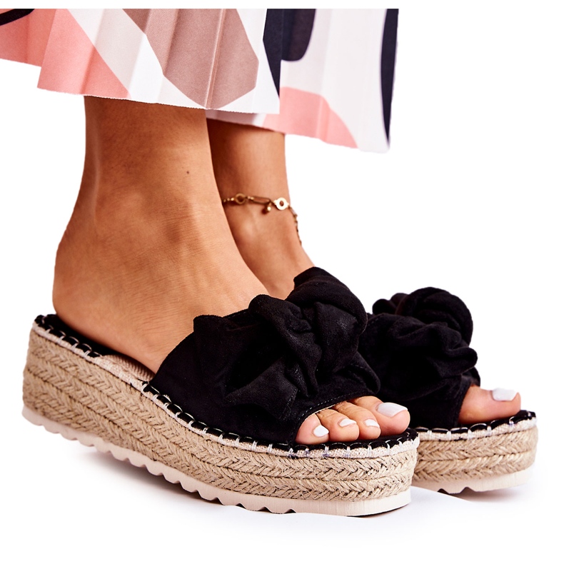 PG2 Papuci de damă pe pană cu fundă Tayla neagră negru PG2 Papuci de damă pe pană cu fundă Tayla neagră negru