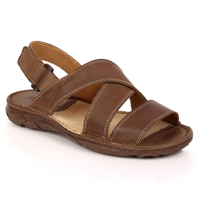 EKO Sandale barbati din piele maro cu velcro ECO