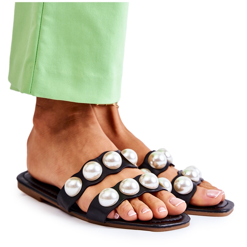 PG1 Papuci De Damă Piele Cu Perle Decorative Lasello Negru