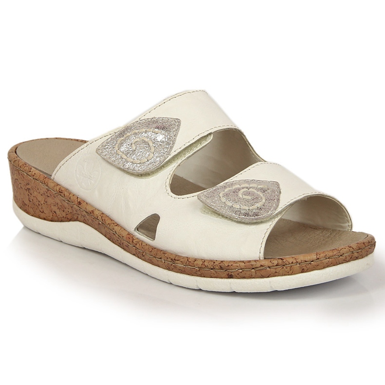 Papuci de damă din piele alb Rieker V7151-80 cu papuci velcro