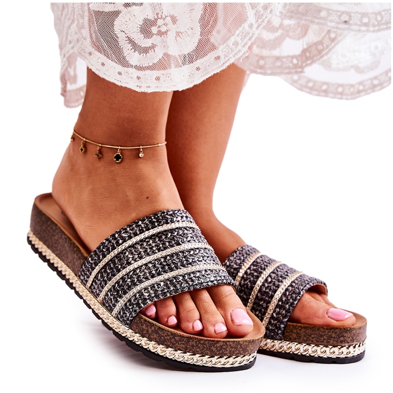 S.Barski Papuci de damă clasici cu un lanț Black Maddy negru